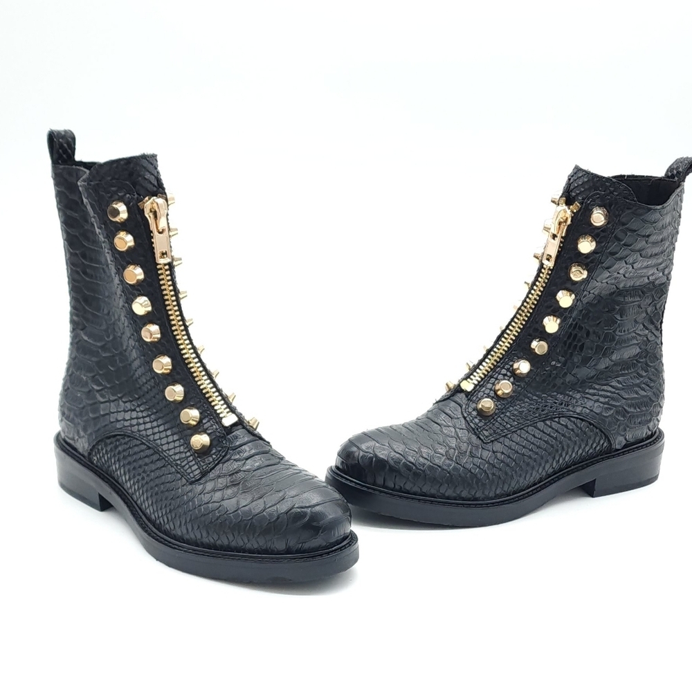 Jeffrey Campbell Tonette Black Combat Snakeskin Embossed Studded Boots Size 6